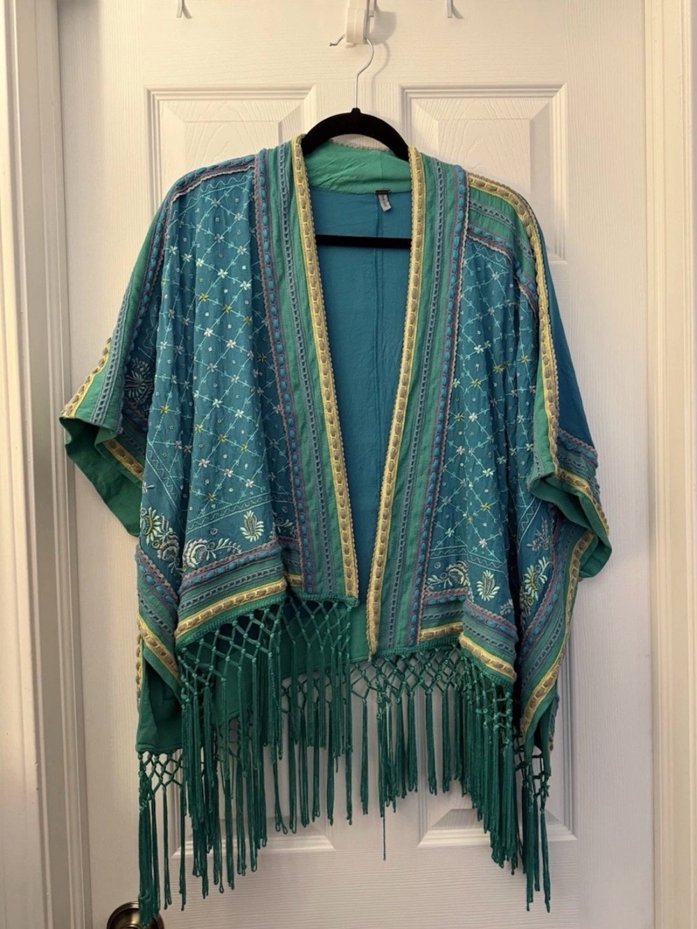 Boho Teal and Green Embroidered Fringe Kimono